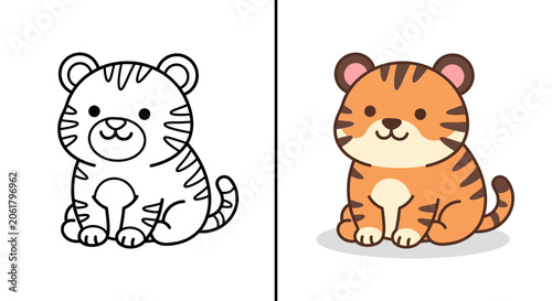 Baby tiger cub sitting coloring page for children.