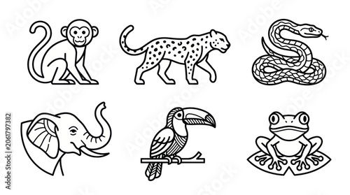 Photography Jungle Animals Set: Monkey, Leopard, Snake, Elephant, Toucan, Frog - Line Art Ic