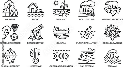 Climate change impact icons wildfire flood pollution and natural disaster silhouettes isolated on transparent background