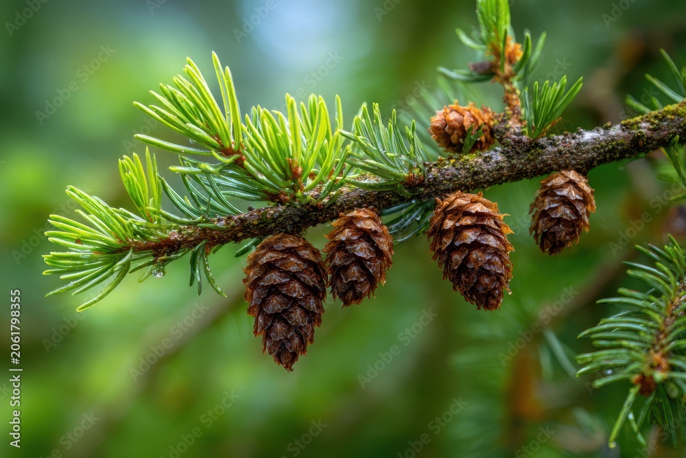 Fototapeta premium Detailed photograph of a Douglas fir branch with cones and textured needles