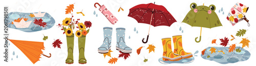 Foto Autumn rainy weather collection with umbrellas, rain boots, puddles, paper boats, falling leaves and cute cloud