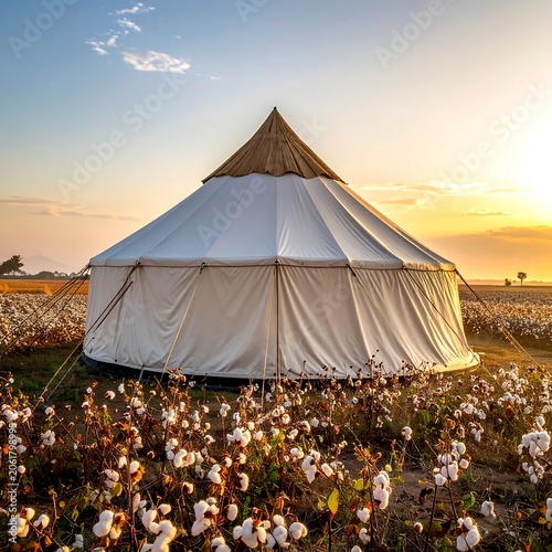 A serene white canvas tent stands amidst a lush cotton field at sunset
