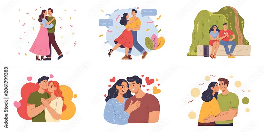 Fototapeta premium Cartoon couples in various romantic poses and settings