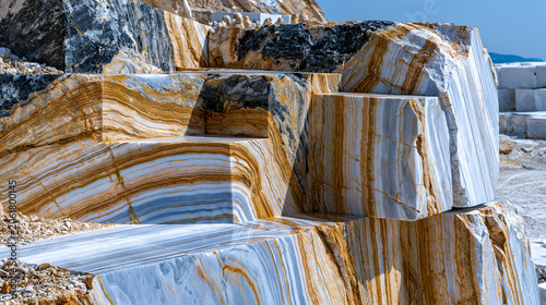Marble quarry vertical wall face freshly cut by diamond wire saw, calcite crystalline recrystallized limestone surface, metamorphic foliation visible in cross-cutting veins, industrial stone extract