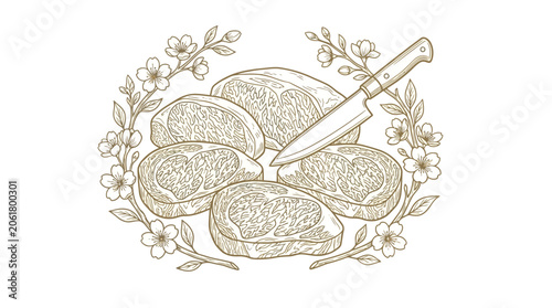 Drawing of bread and knife.