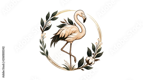 Flamingo Bird Standing in Circle Wreath.