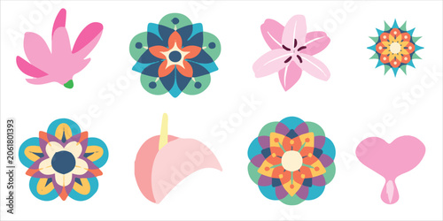 Colorful Mandala Patterns and Tropical Flower Flat Icons