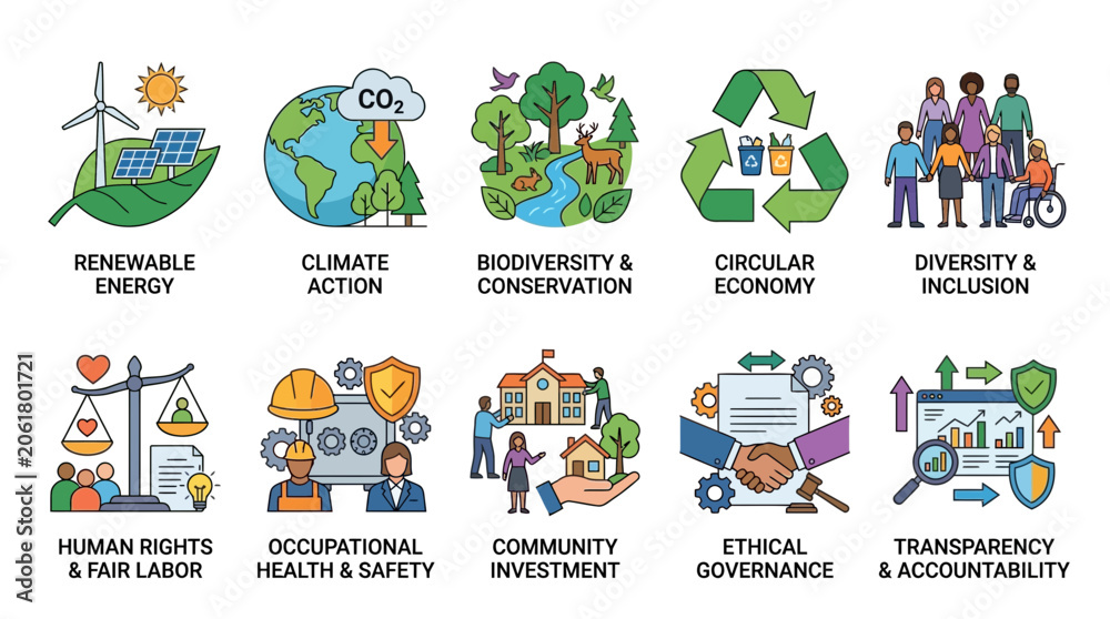 Fototapeta premium Sustainable Development Goals Icons Set Renewable Energy Climate Action Biodiversity Circular Economy Diversity Inclusion