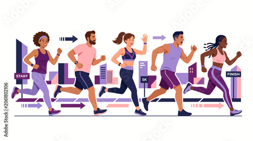 Flat Vector Urban Runners Group Purple Pink Palette Isolated on White