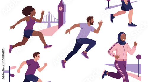 Flat Vector Urban Runners Group Purple Pink Palette Isolated on White