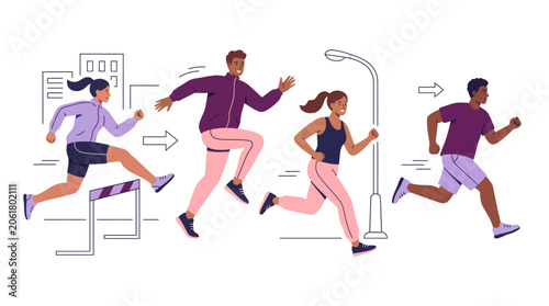 Flat Vector Urban Runners Group Purple Pink Palette Isolated on White