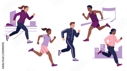 Flat Vector Urban Runners Group Purple Pink Palette Isolated on White