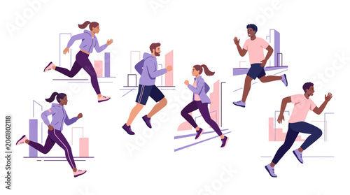 Flat Vector Urban Runners Group Purple Pink Palette Isolated on White