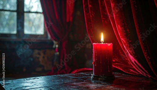 Lit Red Candle on Dark Table.