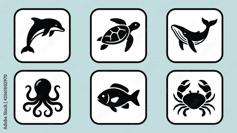 Obraz premium Sea Animals Outline Vector Set with Six Marine Creatures Illustration