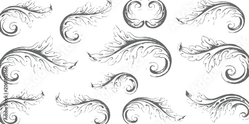 Foto Vintage baroque acanthus leaves engraving style flourish scroll ornaments classic architectural decorative elements vector illustration set