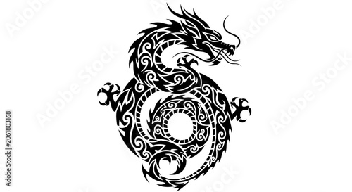 Intricate black dragon tattoo design.