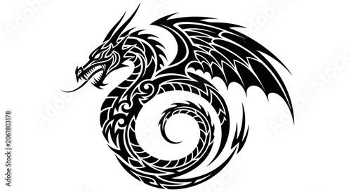 Black dragon head with swirling tail.