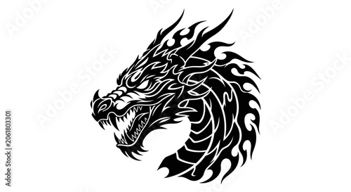 A black and white dragon head illustration.