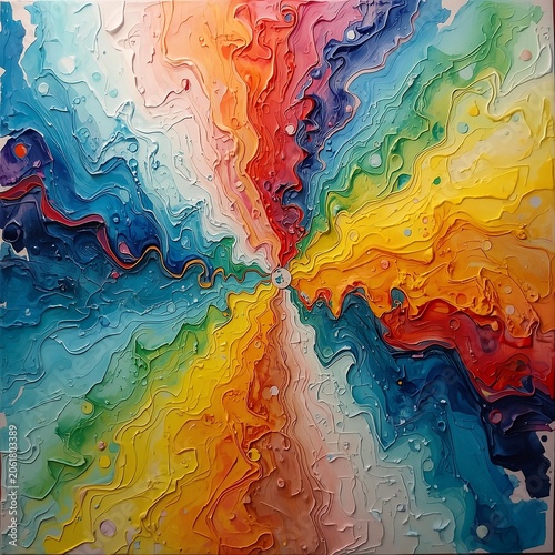 Abstract colourful art piece featuring vibrant swirls of yellow, orange, and pink hues, blended with softer shades of blue and purple, set against a dynamic background with intricate patterns and text