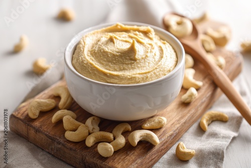 Healthy plant-based snack: creamy cashew butter with raw cashews in a minimalist setting