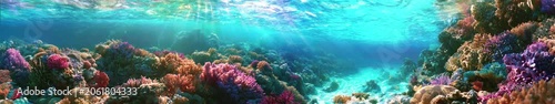 Colorful Coral Reef Underwater Panorama with Sunlight, Tropical Ocean Sea Life Animation, Widescreen Loop
