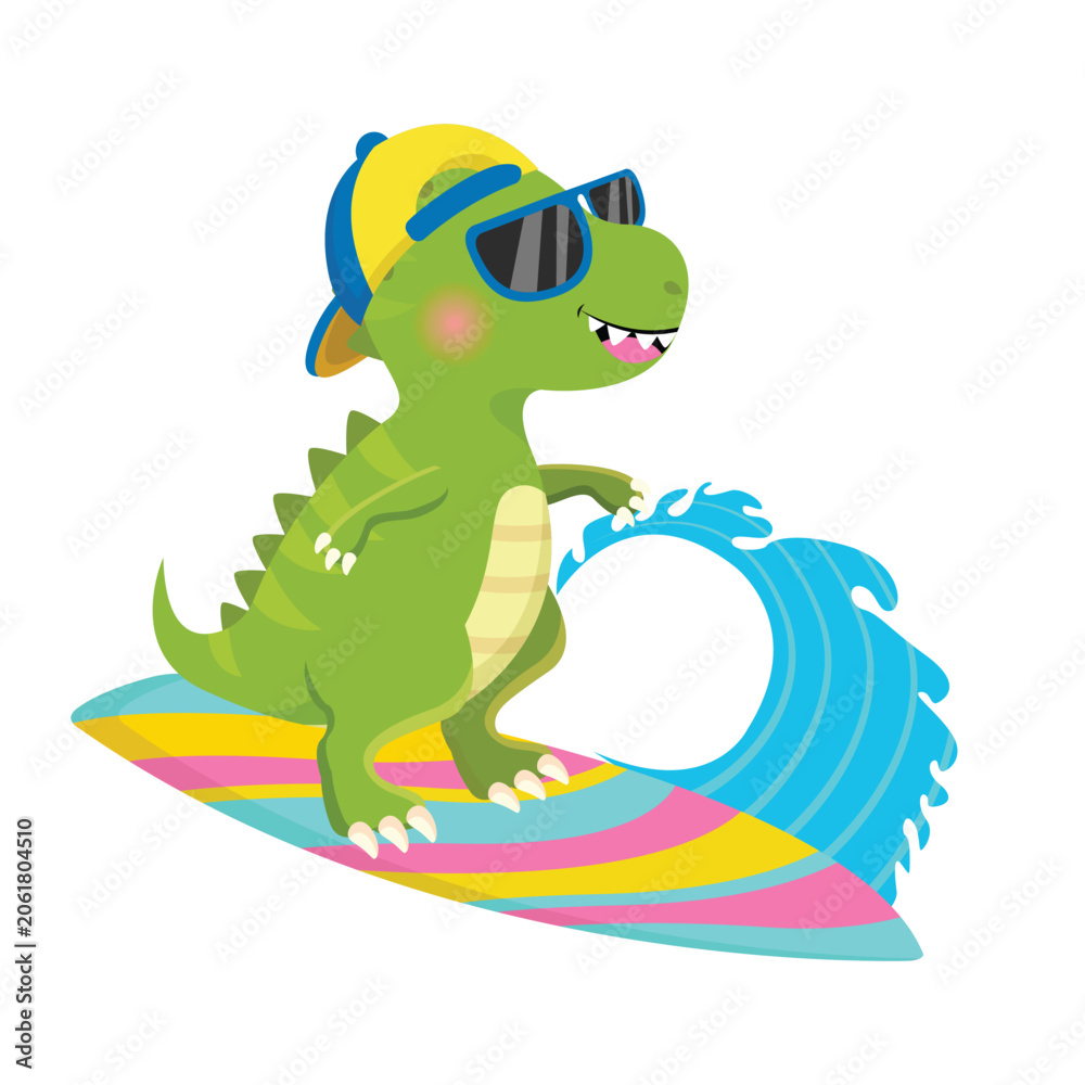 Obraz premium Cute Green Dinosaur Surfing on a Colorful Surfboard in Ocean Waves Wearing Sunglasses and Cap