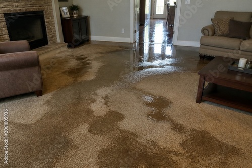 Living room carpet soaked with water damage near fireplace