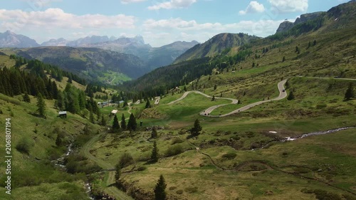 Mountain valley with winding alpine road and distant peaks