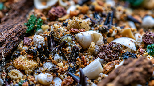 Seabed biogenic sediment close detail, echinoid spine fragments, foraminifera tests, coral rubble chips and gastropod shell detritus in carbonate sand matrix, grain scale ecological archive, overcas