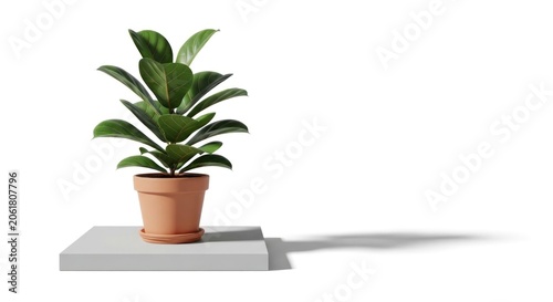 Rubber plant in terracotta pot on grey stone pedestal.