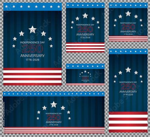 USA 250th anniversary Independence Day element set; 4th of July semiquincentennial circle badge icon collection, American flag stars stripes template isolated on transparent background