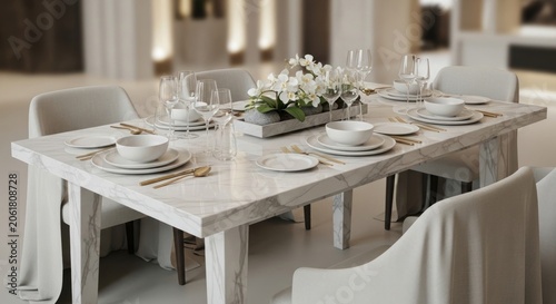 Set dining table with chairs in modern room.