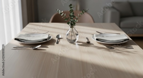Set dining table with sunlight and eucalyptus.