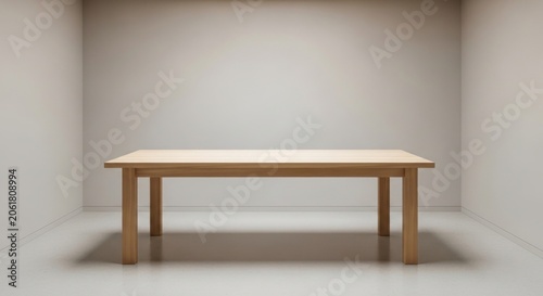 Simple wooden rectangular table in empty white room.