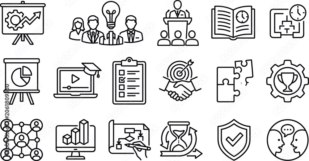 Fototapeta premium Corporate business training and project management line icon set vector elements for workflow optimization strategic planning leadership education and teamwork solutions