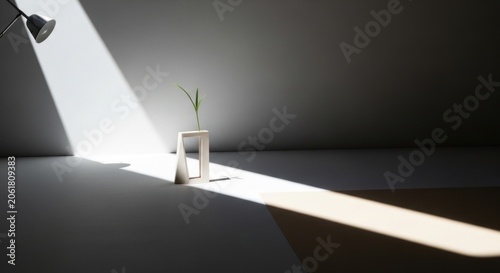 Small plant on pedestal in dramatic sunlight.