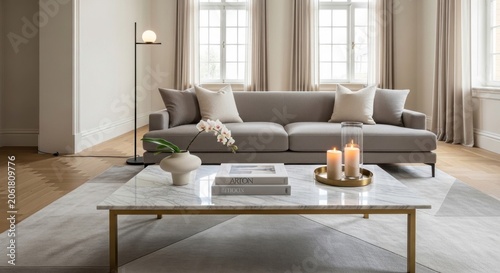 Spacious living room with gray sofa and marble table.