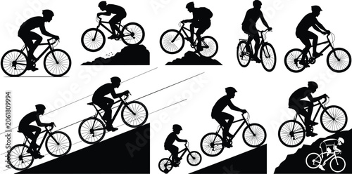 Foto Cyclist silhouette riding bicycle, mountain biking, jumping, climbing, descendin