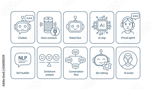 AI assistants and chatbots line icon set
