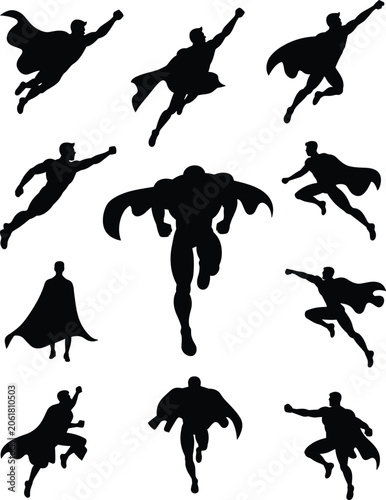 Photos Superhero silhouettes with cape in dynamic poses, black figures showing strength