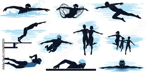 Fotografía Swimming silhouette collection, freestyle, butterfly stroke, diving, synchronize