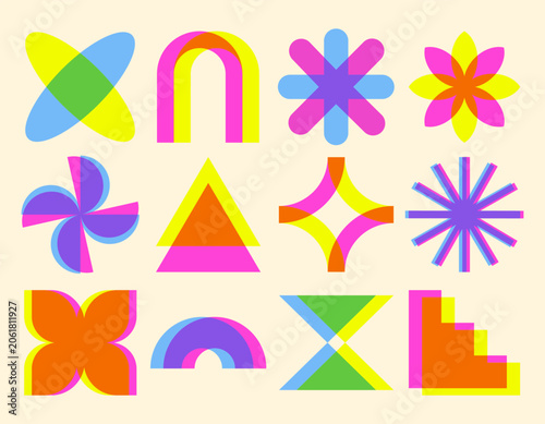 Abstract Colorful Geometric Shapes Set with Risograph Overprint Effect