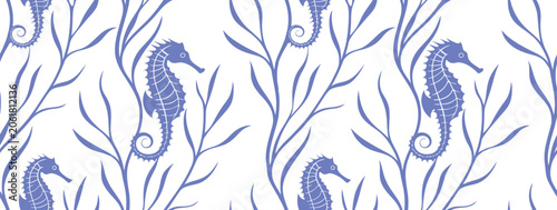 Foto Seamless seahorse and seaweed pattern featuring delicate blue line art marine motifs