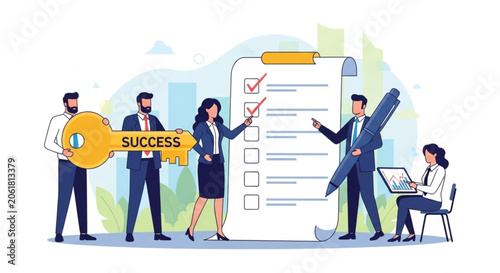Teamwork and success with checklist and key.