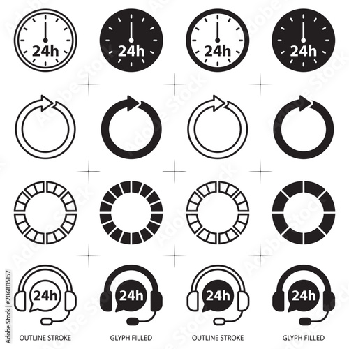 Set of 24 hour clocks, loading arrows, and customer service support headset icons vector design.