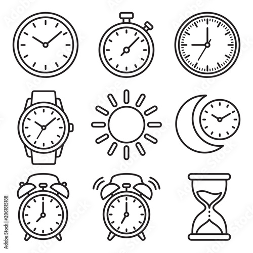 Set of black and white clock and watch icons representing time and time management vector design.