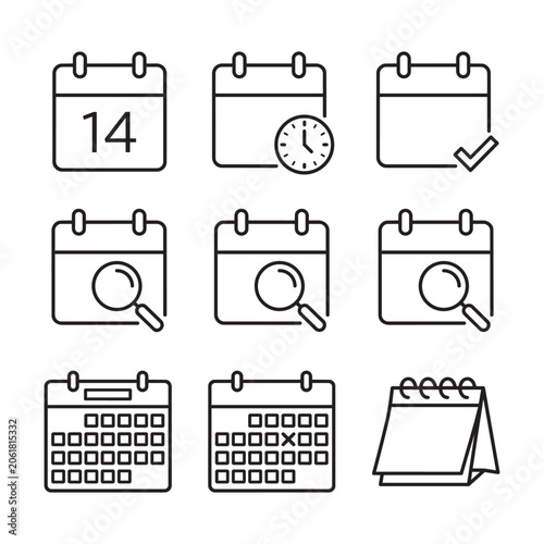 Set of simple black line calendar icons for business planning and scheduling tasks