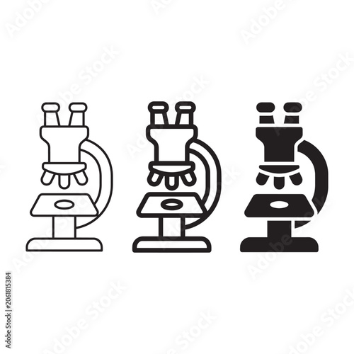 A professional set of three microscope icons  vector representing scientific research and laboratory equipment, featuring line art and solid black design variations.