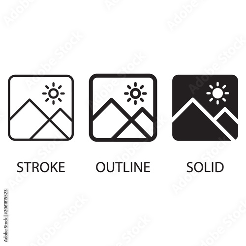 Set of mountain and sun landscape icons in stroke outline and solid vector design styles